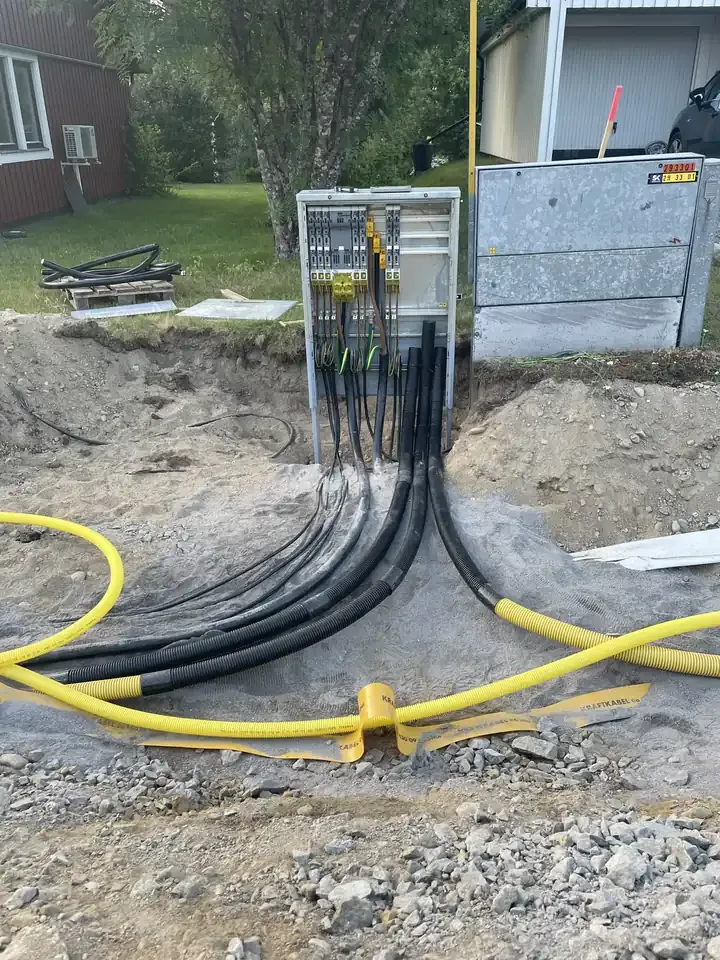 Markkabel i skyddsrör framdragen till ett kabelskåp.